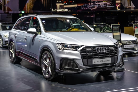 FRANKFURT, GERMANY - SEPT 2019 silver gray AUDI Q7 AVANT 50 TDI QUATTRO 4M SUV, IAA International Motor Show Auto Exhibtion photo
