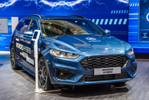 FRANKFURT, GERMANY - SEPT 2019 blue FORD MONDEO hybrid estate wagon combi family car, IAA International Motor Show Auto Exhibtion photo