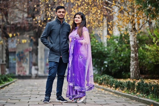 Stylish indian hindu couple posed on street. photo