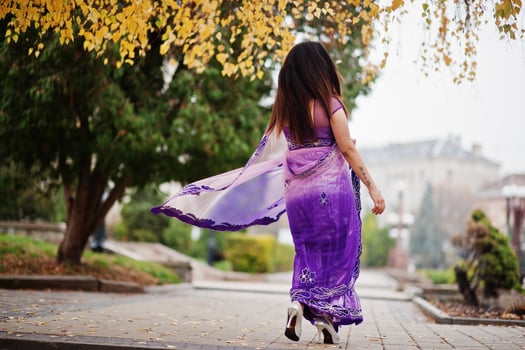 Indian hindu girl at traditional violet saree posed at autumn street. photo