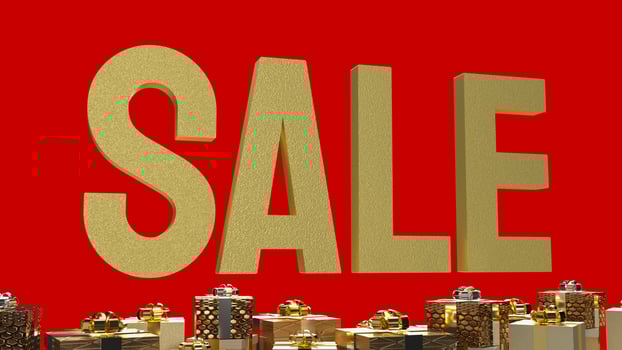 The sale gold text and gift box on red background 3d rendering photo