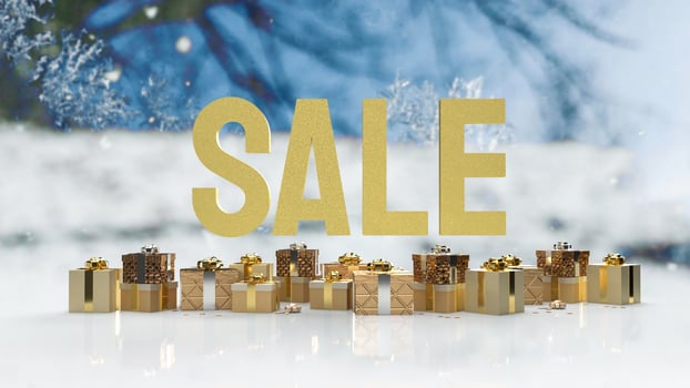 The sale gold text and gift box on winter background 3d rendering photo
