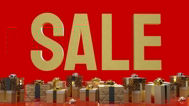 The sale gold text and gift box on red background 3d rendering photo