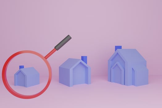 Small, medium, large house models, comparing each size house, magnifying glass, house models put on Pink background, 3D render photo