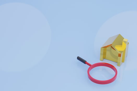 golden house model on blue background and magnifying glass, housing search, best housing selection, 3d illustration with soft light photo