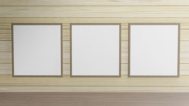 The blank picture frame on wood wall for background content 3d rendering. photo