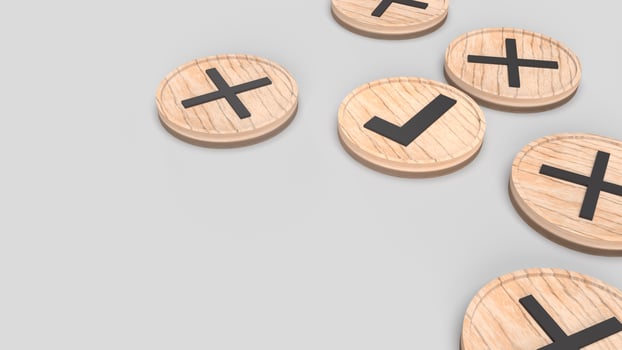 right and wrong symbol on wooden plate 3d rendering photo