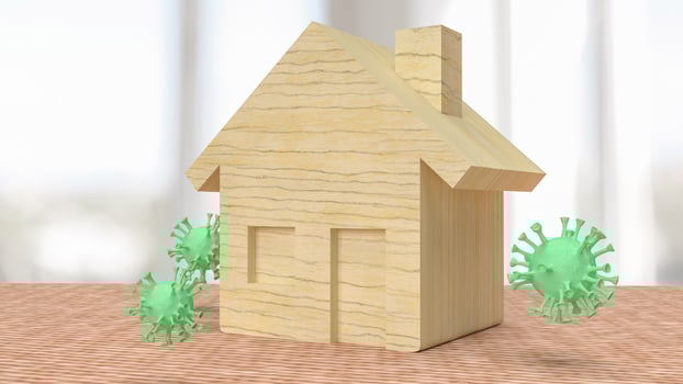 The virus  and home wood for stay from home or home isolation concept 3d rendering photo