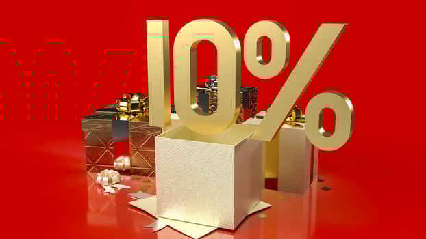 The gold number percent and gift boxes on red background for sale promotion business content 3d rendering photo