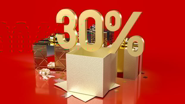 The gold number percent and gift boxes on red background for sale promotion business content 3d rendering photo