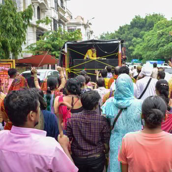 New Delhi, India July 01 2022 - A huge gathering of devotees from different parts of Delhi on the occasion of ratha yatra or rathyatra. Rath for Lord Jagannath pulled by people, Jagannath Rath Yatra photo