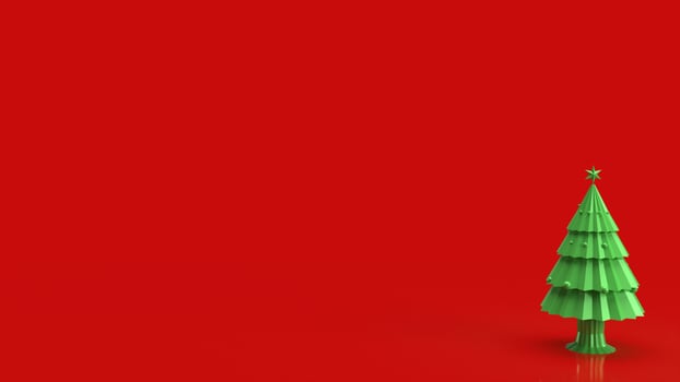 The green Christmas tree on red background for holiday celebration or  promotion business background 3d rendering photo