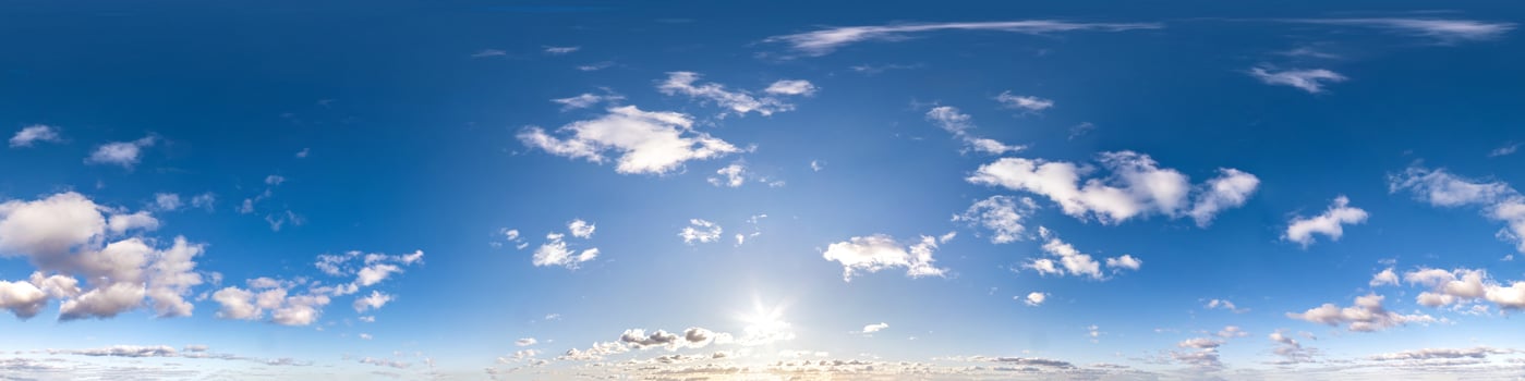 Seamless hdri panorama 360 degrees angle view blue sky with beautiful cumulus clouds with zenith for use in 3d graphics or game development as sky dome or edit drone shot photo