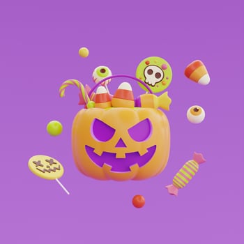 Happy Halloween with Jack-o-Lantern pumpkins basket full of colorful candies and sweets floating on purple background, 3d rendering. photo