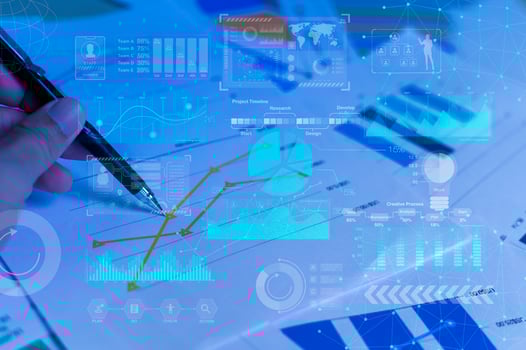 Background of documents with analytics data lying on table photo