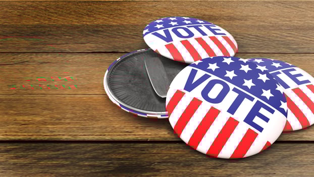 American vote badge on wood table for social content 3d rendering photo