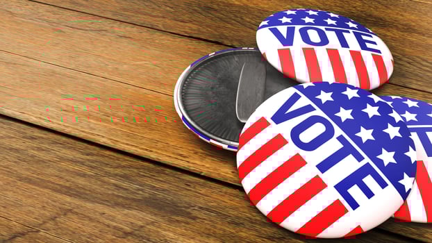 American vote badge on wood table for social content 3d rendering photo