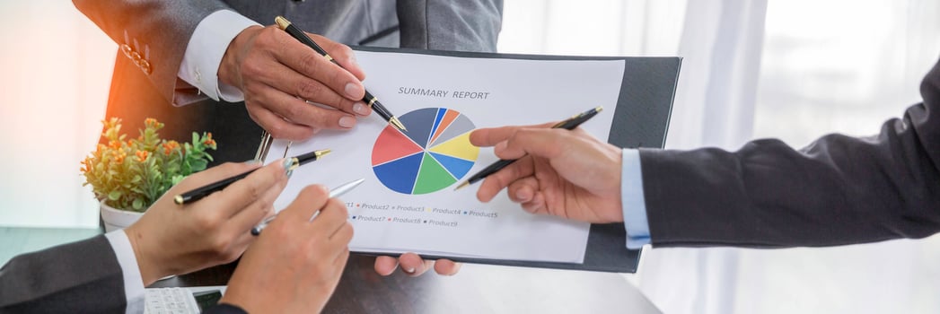 Banner of Group professional business people person working together analyze in office, work together to discuss company financial statistics report, brainstorm ideas graph datum documents on table. photo