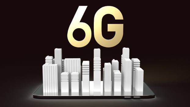 The 3d rendering 6g text gold surface glow on smartphone and building  in dark image for mobile technology content. photo