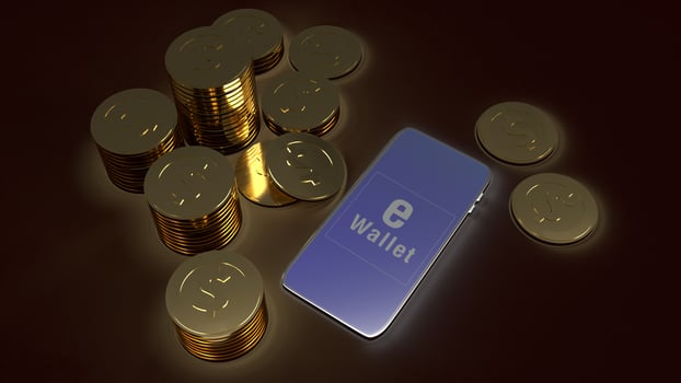 mobile symbol e wallet  and gold coins 3d rendering for e business concept. photo