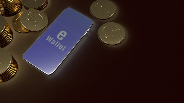 mobile symbol e wallet  and gold coins 3d rendering for e business concept. photo