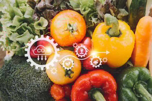 Futuristic businessman farms vegetables and crops using modern AI technology using mobile phones, temperature and humidity sensors, water tracking, climate control, holographic data data icons. photo