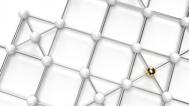 The Abstract design connection design gold and white sphere network structure 3d rendering. photo
