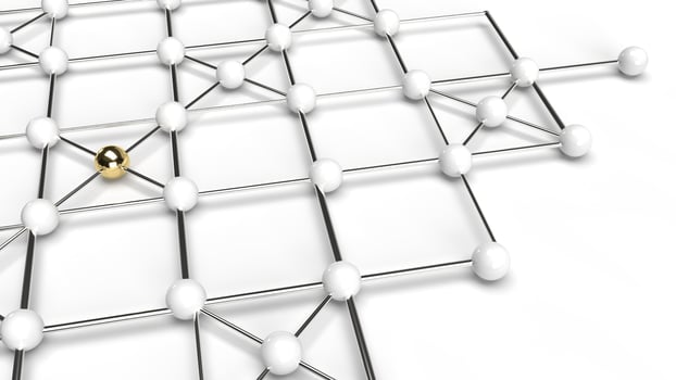 The Abstract design connection design gold and white sphere network structure 3d rendering. photo