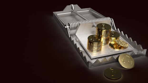 gold coins in mouse trap 3d rendering  business concept photo