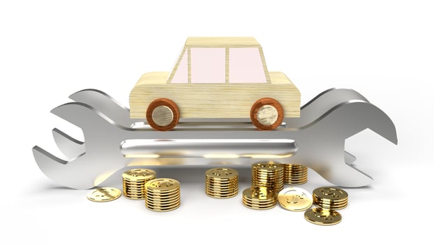 The car wood toy and wrench  gold coins on white background 3d rendering. photo