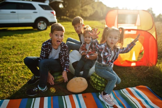 Four kids spending time together. Outdoor picnic blanket, sitting with watermelons. photo