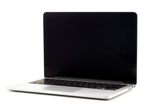 Laptop with blank white screen on white background photo