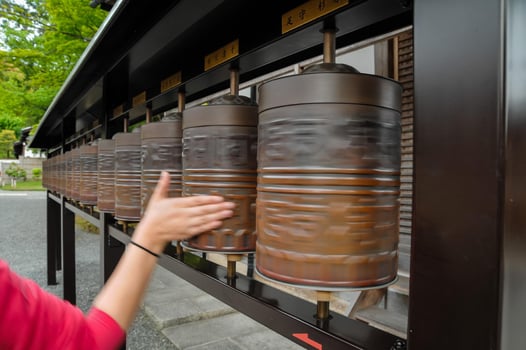 Metal Buddhist prayer wheels photo