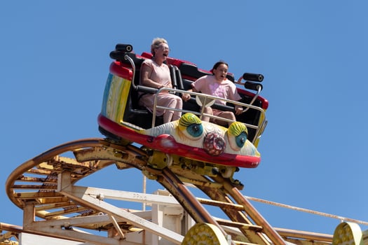 Brighton, East Sussex, UK - July 15, 2022. View of the scenic railway ride on the pier  in Brighton on July 15, 2022. Two unidentified people photo