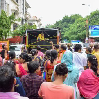 New Delhi, India July 01 2022 - A huge gathering of devotees from different parts of Delhi on the occasion of ratha yatra or rathyatra. Rath for Lord Jagannath pulled by people, Jagannath Rath Yatra photo