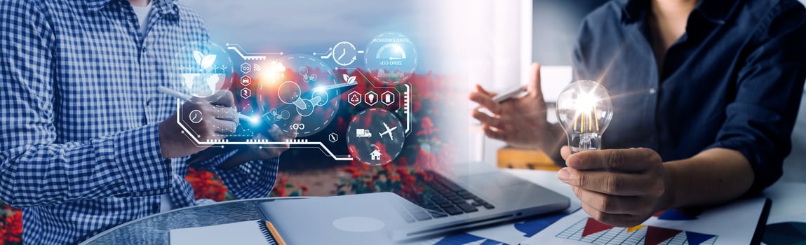 Selective focus. Architect team planning design apply renewable or solar energy on architectural building model with virtual reality technology hologram. Alternative green energy in future concept. photo