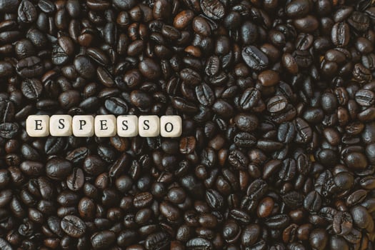 coffee roasted and text wood cube close up image. photo
