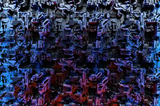 3D illustration of the Close up of the black cyber armor on neon lights photo