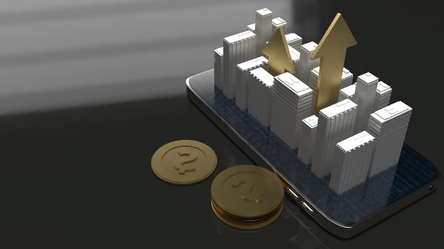 3D rendering  building on mobile phone for Property concept. photo