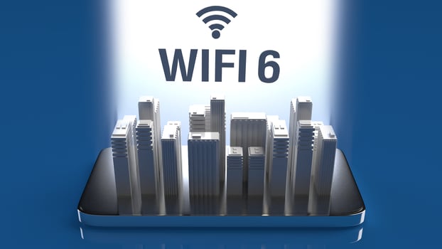 3D rendering  building on mobile phone for wifi 6 concept. photo