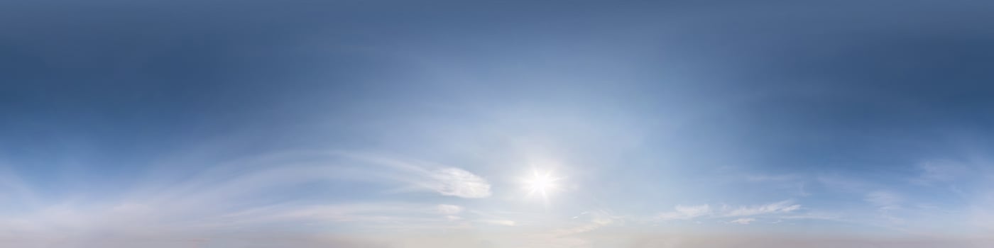 Seamless hdri panorama 360 degrees angle view blue clear evening sky with zenith for use in 3d graphics or game development as sky dome or edit drone shot photo