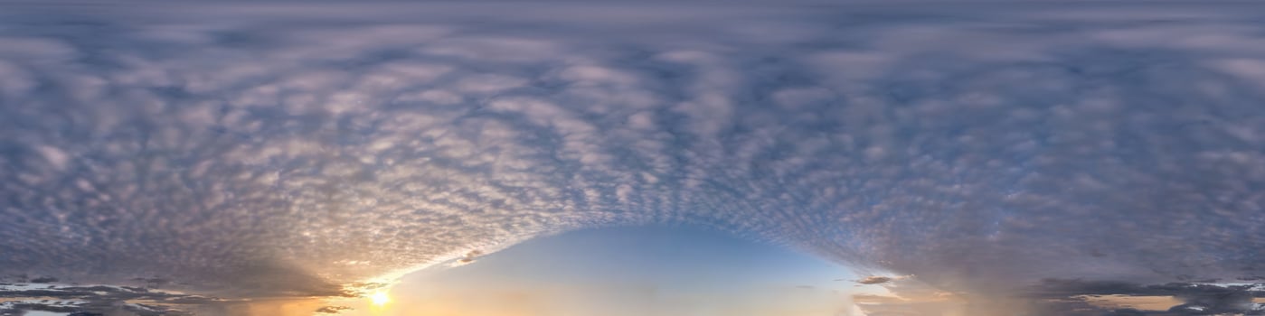 Seamless hdri panorama 360 degrees angle view blue sky with beautiful evening fluffy cumulus clouds without ground with zenith for use in 3d graphics or game development as sky dome or edit drone shot photo