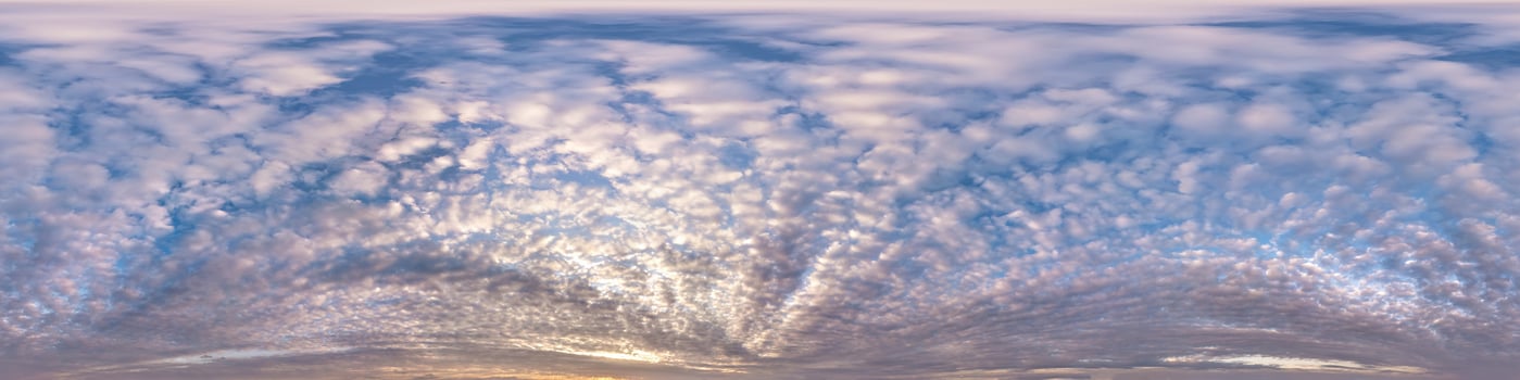 Seamless hdri panorama 360 degrees angle view blue sky with beautiful evening fluffy cumulus clouds without ground with zenith for use in 3d graphics or game development as sky dome or edit drone shot photo