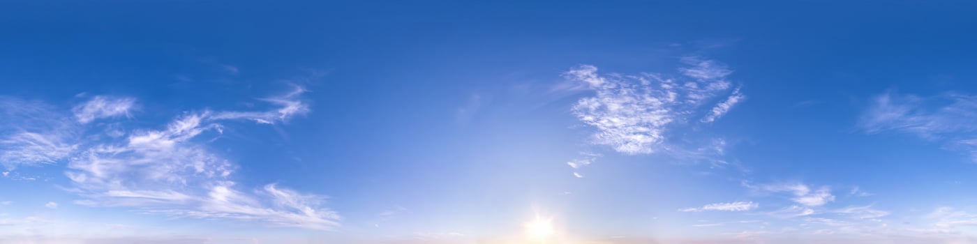 Seamless hdri panorama 360 degrees angle view blue clear evening sky before sunset  for use in 3d graphics or game development as sky dome or edit drone shot photo