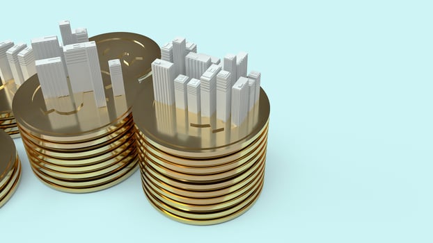 Building model and gold coins 3d rendering  for  property content. photo