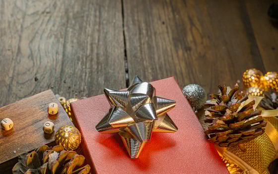 Christmas equipment decorations on wood background for holiday concept. photo