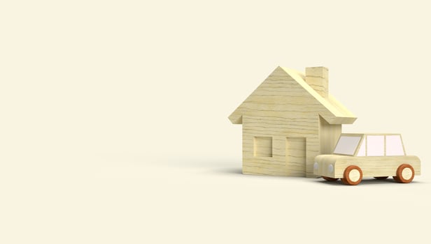 Wood toy house and car 3d rendering for business content. photo