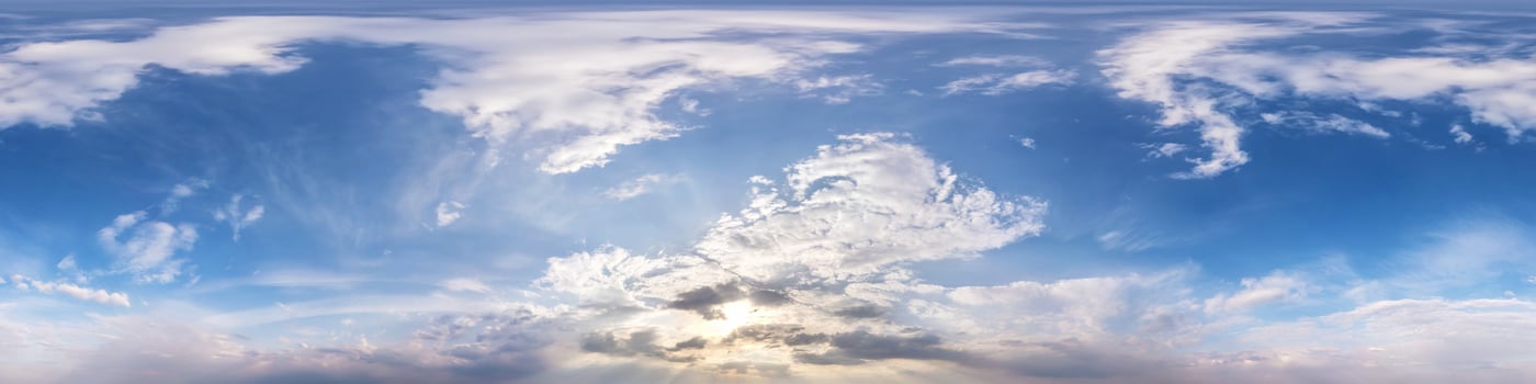 dark blue sky before sunset with beautiful clouds. Seamless hdri panorama 360 degrees angle view with zenith for use in 3d graphics or game development as sky dome or edit drone shot photo