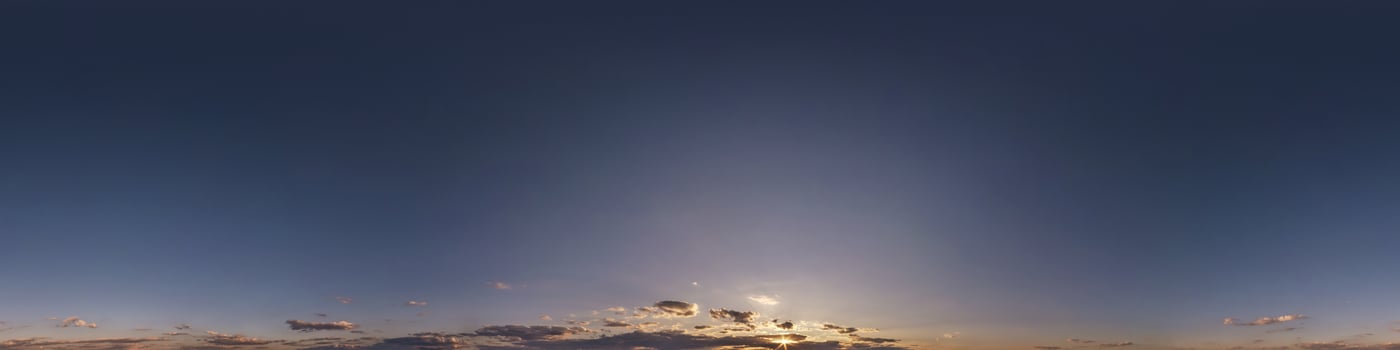 Seamless hdri panorama 360 degrees angle view dark blue evening sky before sunset without ground with zenith for use in 3d graphics or game development as sky dome or edit drone shot photo