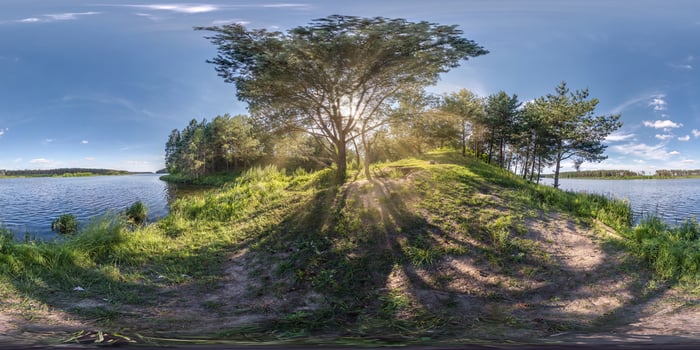 full seamless spherical hdri panorama 360 degrees angle view near huge tree on banks of wide river with rays of sun through branches  in equirectangular projection, ready VR AR virtual reality content photo